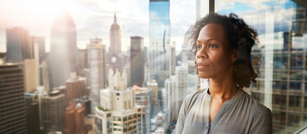 A confident manager gazes intently through the window The background with blurred skyscrapers