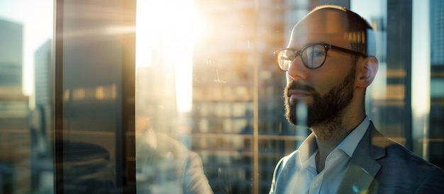 A confident manager gazes intently through the window The background with blurred skyscrapers