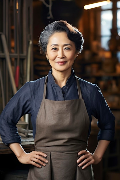 confident mature Asian woman in the workshop