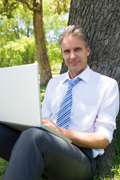 Confident mature businessman with laptop