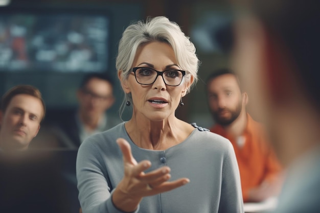 A confident mature businesswoman a skilled leader coach and expert negotiator speaks at office meetings and conferences with captivating charisma Generative AI