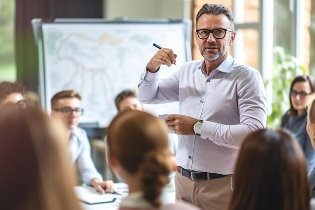 Foto coach o oratore maturo e sicuro di sé che indica un flip chart e spiega qualcosa alle persone sedute di fronte a lui nello spazio di coworking durante una formazione aziendale o un seminario