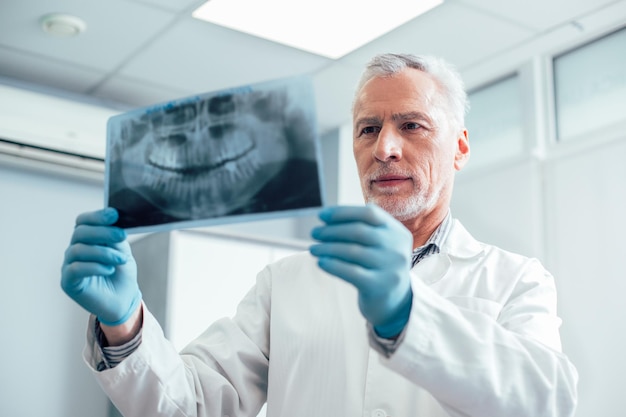 Confident mature doctor slightly smiling while looking at the orthopantomogram in his hands