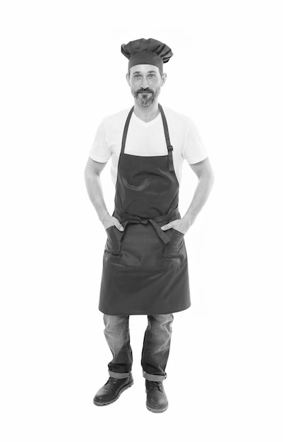 Fiducioso uomo bello maturo sfondo bianco cucinare come occupazione professionale uniforme per cucinare chef nel ristorante la cucina è il mio hobby impara a cucinare benvenuto nella mia cucina uomo in grembiule