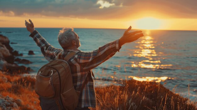 Photo confident mature man with arms up relaxing in a beautiful landscape retirement concept elderly person active