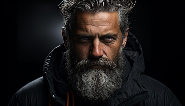 Confident mature man with gray beard and serious gaze generated by artificial intelligence