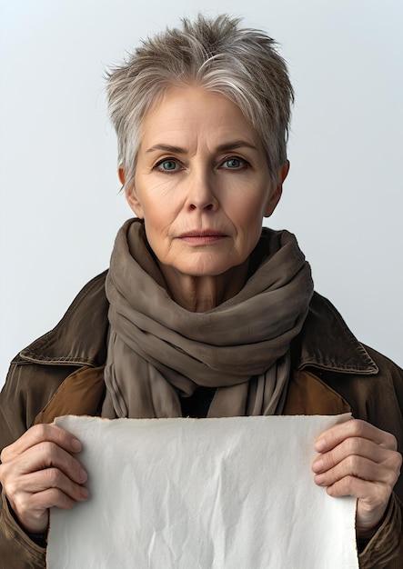 Confident mature woman holding a blank sign portrait of determination and strength neutral background AI