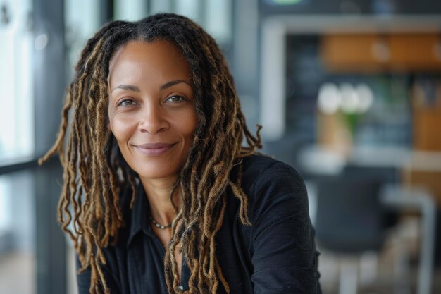 Photo confident mature woman with dreadlocks in office setting smiling