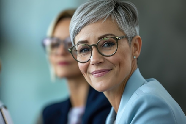 Confident mature woman with glasses colleague in background