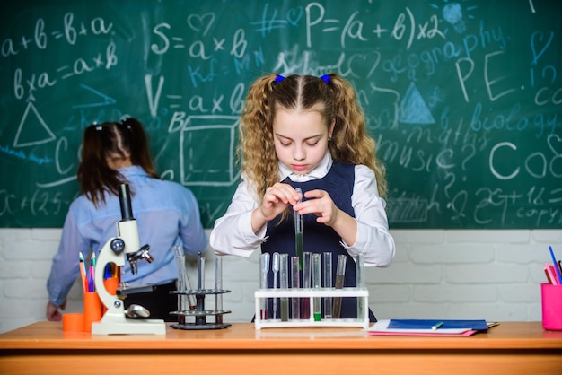 Confident medical experts childrens day Little children at school lesson students doing biology experiments with microscope Chemistry Back to school Little kids learning chemistry in school lab