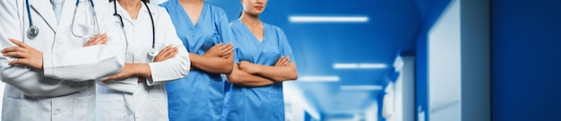 Photo confident medical staff team in panoramic banner neoteric