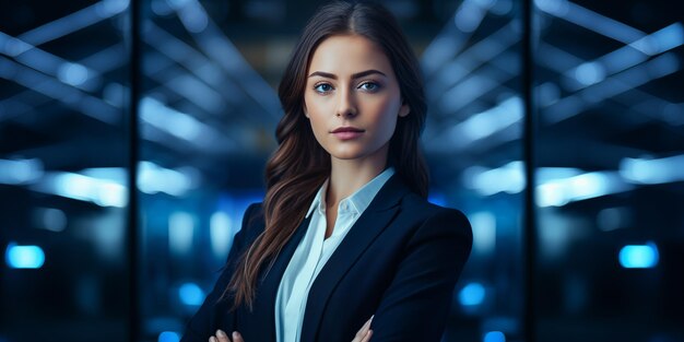 confident mid businesswoman isolated on business background