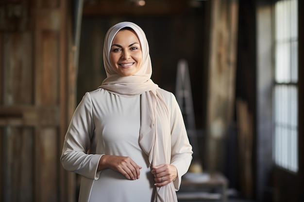 Confident middle aged arab woman in modern hijab