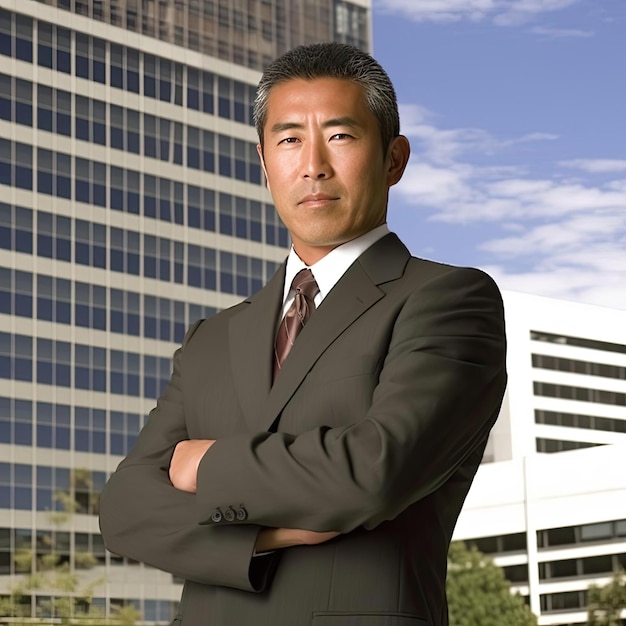 Confident middle aged Asian businessman in front of office building