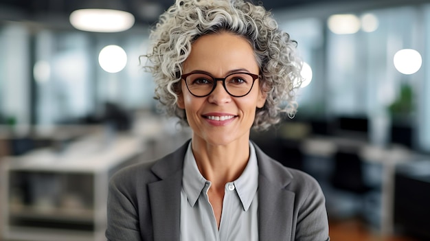 Confident middle aged businesswoman in suit standing against office backgroundCreated with Generative AI technology