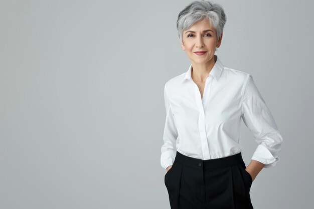 Photo confident middle aged female executive in stylish attire smiling at camera