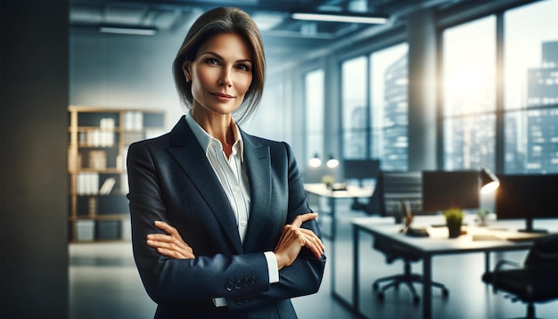 A confident middleaged businesswoman in a suit standing against an office background