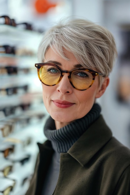 Confident middleaged woman trying on new glasses at an optician39s shop modern style