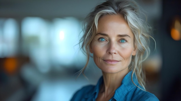 Confident middleaged woman with serene expression in soft light portrait photography authentic beauty AI