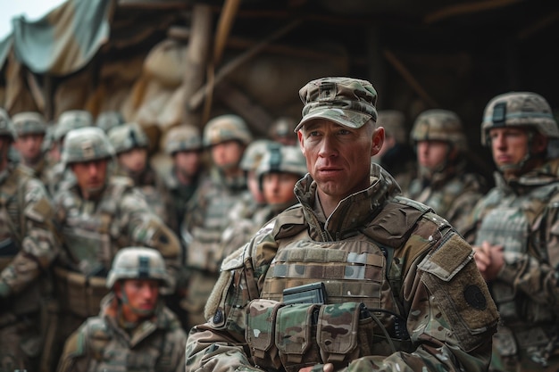 Foto comandante militare fiducioso che sovrintende alle truppe con espressione severa durante il briefing sulle operazioni tattiche