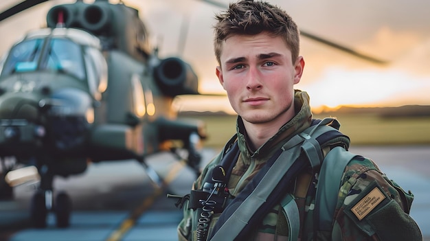 Photo confident military pilot in flight suit posing before a helicopter at dusk courage and bravery embodied perfect for editorial use ai