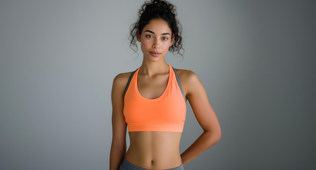 Photo confident mixedrace woman with a curly high ponytail wearing an orange sports top against a grey backdrop