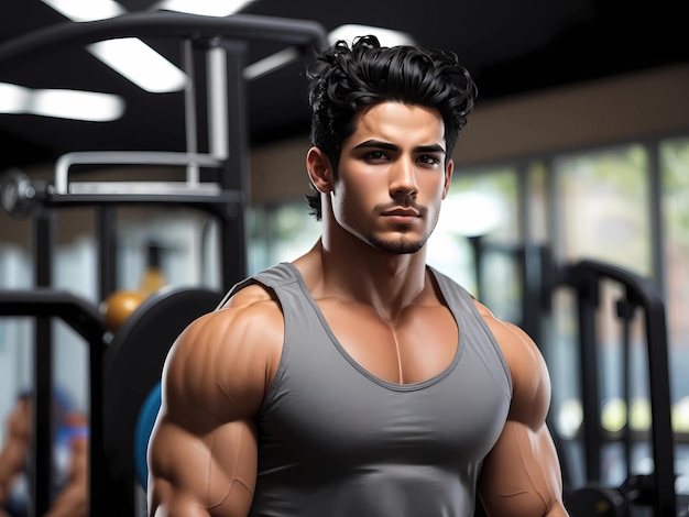 Confident muscular bodybuilder with black hair in gym