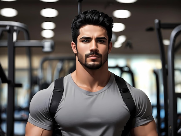 Photo confident muscular bodybuilder with black hair in gym