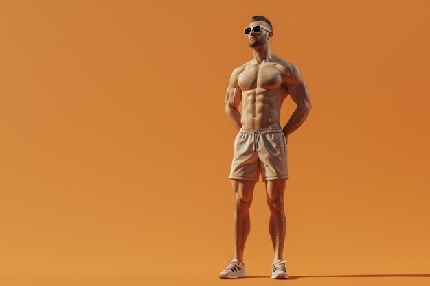 Confident muscular man in shorts and sunglasses posing against an orange background