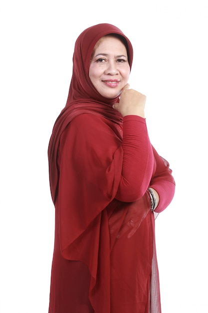 Confident Muslim woman in scarf, isolated over white background