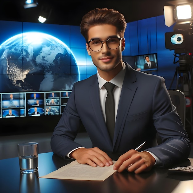 Confident News Reporter Delivering a Broadcast From a Television Studio