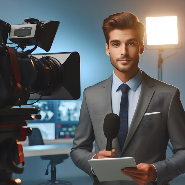 Confident News Reporter Delivering a Broadcast From a Television Studio