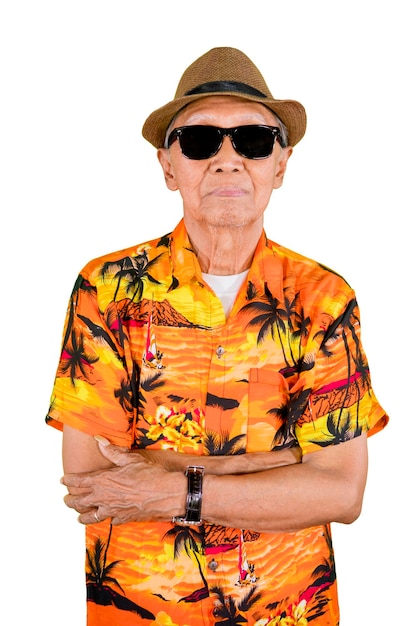 Photo confident old man wears summer clothes on studio