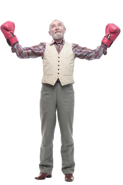 Confident older man in Boxing gloves isolated on a white