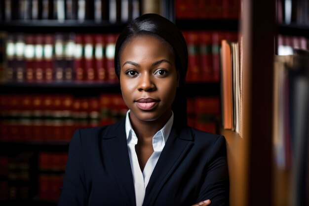 Confident paralegal standing in front of law books with a determined look on her face