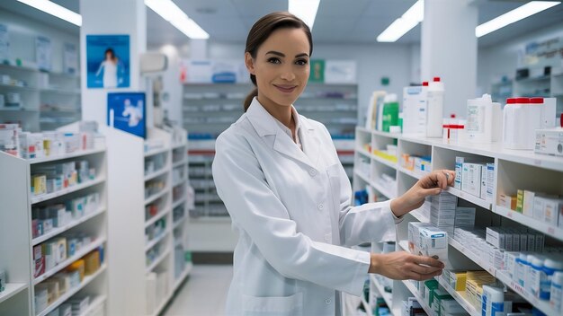 Foto farmacista sicuro di sé che fa l'inventario in farmacia