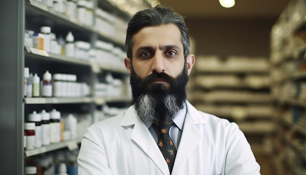 Confident pharmacist standing in pharmacy holding medicine generated by AI