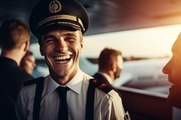 Уверенный пилот Уверенный мужчина-пилот в униформе, держащий руки скрещенными и улыбающийся с самолетом на заднем плане