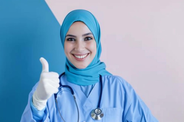 confident portrait of a muslim doctor in a blue coat and blue hijab
