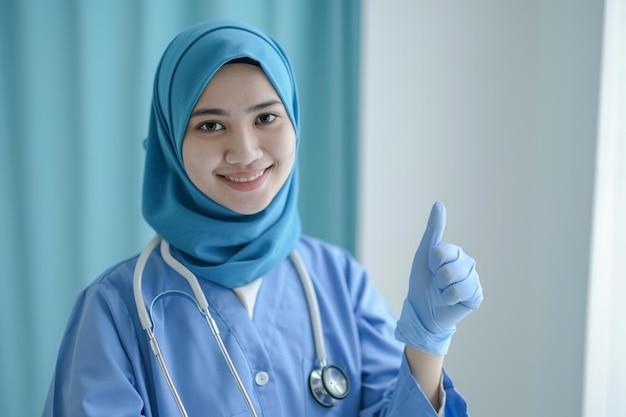 confident portrait of a muslim doctor in a blue coat and blue hijab