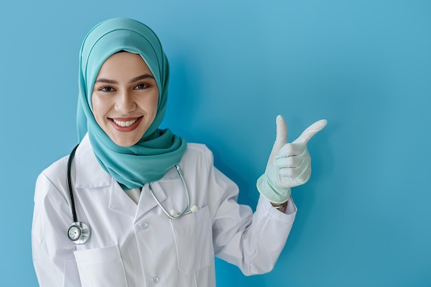 confident portrait of a muslim doctor in a blue coat and blue hijab