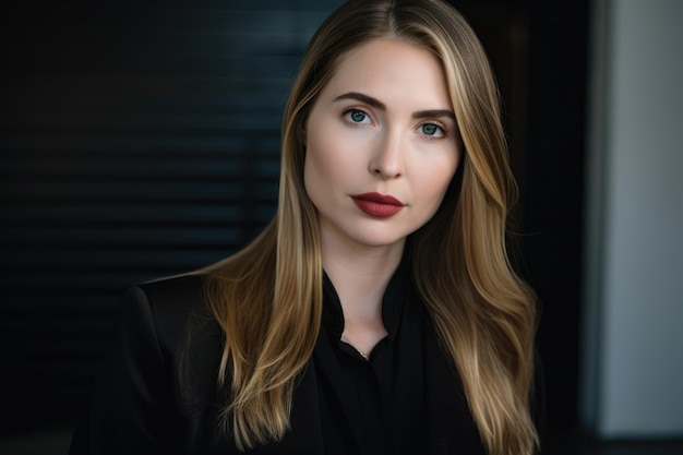 Confident portrait of a woman in her 30s with straight hair wearing a sleek black dress