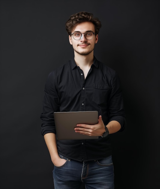 Confident Professional Man with Laptop on Dark Backdrop