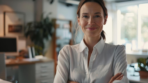 Confident professional woman with a warm smile in her office