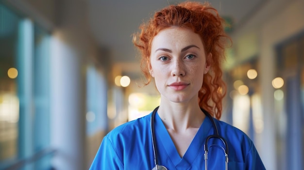 Confident Redhaired Female Doctor in Scrubs Standing in Hospital Corridor