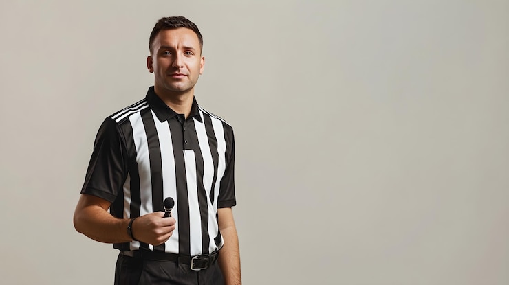 Photo a confident referee standing with a whistle in hand ready to officiate a game against a light solid color background