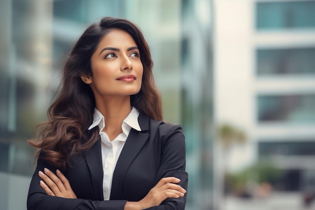 Confident rich Latin business woman executive standing in modern big city looking and dreaming of future business success