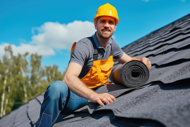 Confident roofer installing shingles on a new house