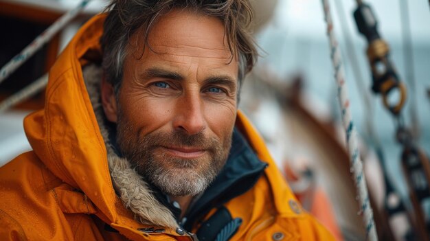 Confident Sailor Sporting a Weathered Jacket Aboard a Ship at Sea