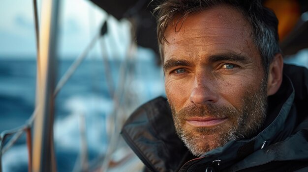 Confident Sailor Sporting a Weathered Jacket Aboard a Ship at Sea